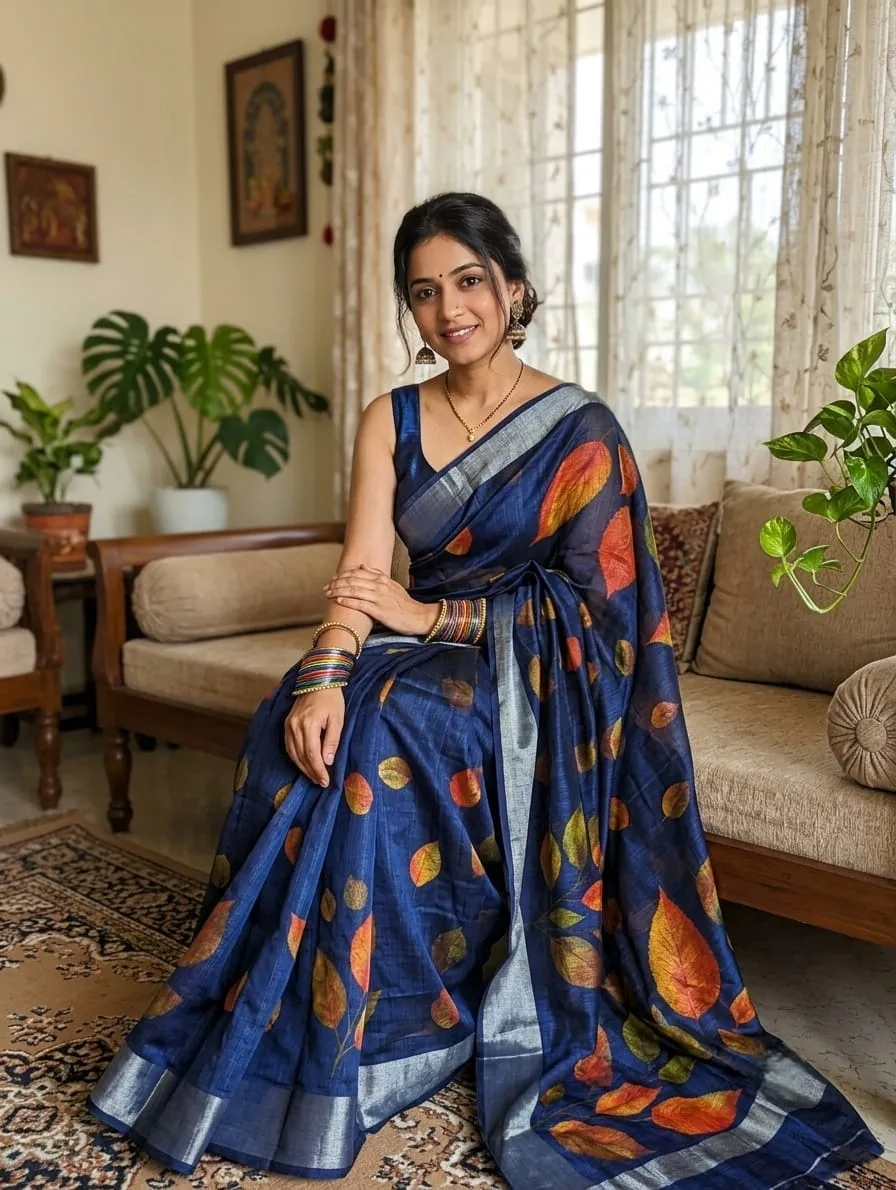 Navy Blue Autumn Leaf Print Linen Cotton Saree